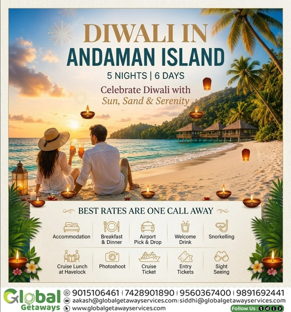 Flyer for 5 Nights and 6 Days Diwali in Andaman Island tour package by Global Getaways featuring beach resort stays, Havelock cruise, snorkelling, and photoshoot.