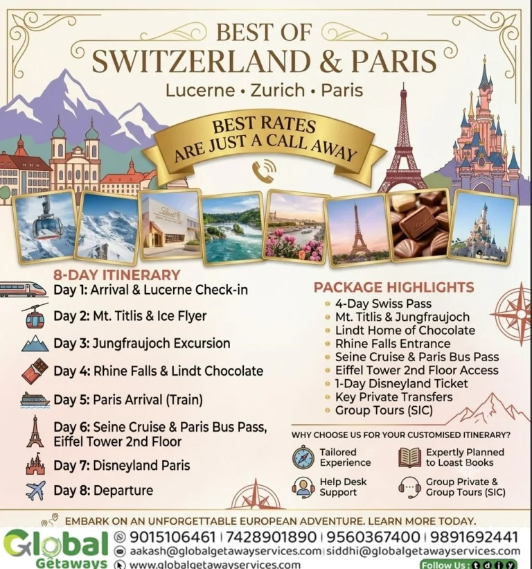 Best of Switzerland & Paris 8-Day Tour Itinerary Flyer – Global Getaways