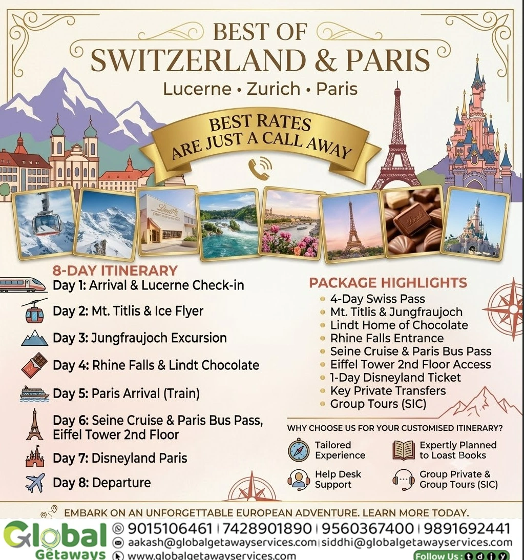 Flyer detailing an 8-day Best of Switzerland & Paris tour package itinerary covering Lucerne, Zurich, and Paris by Global Getaways.