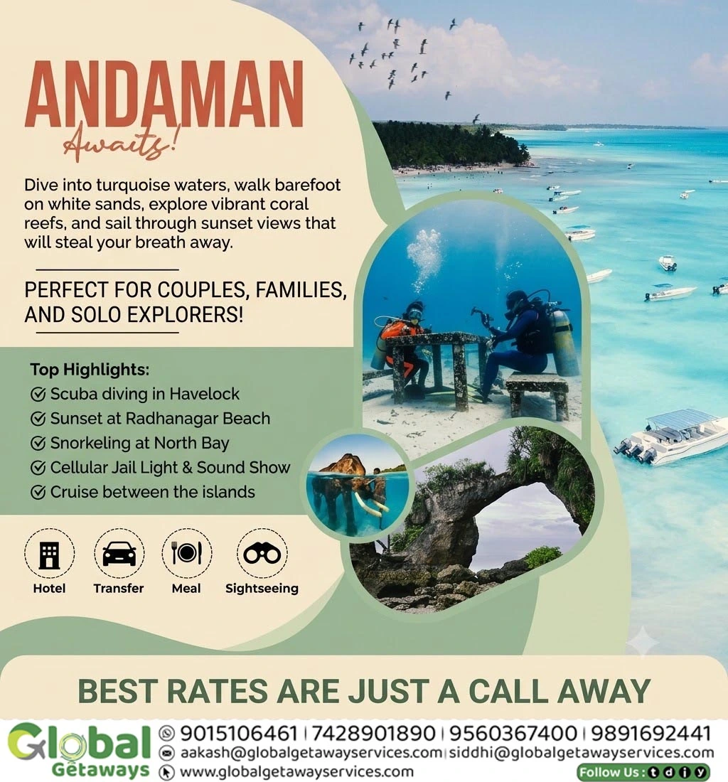 Flyer for Andaman Tour Package from Delhi covering Havelock scuba diving and Radhanagar beach by Global Getaways