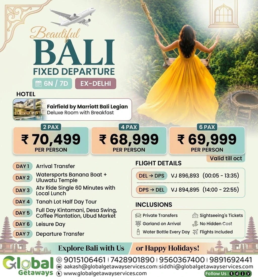 Exclusive Bali Tour Package with Flights from Delhi 7 Days @ ₹68,999 | Global Getaways 1 Flyer for Bali Tour Package with Flights from Delhi 7 Days featuring Fairfield by Marriott Legian by Global Getaways
