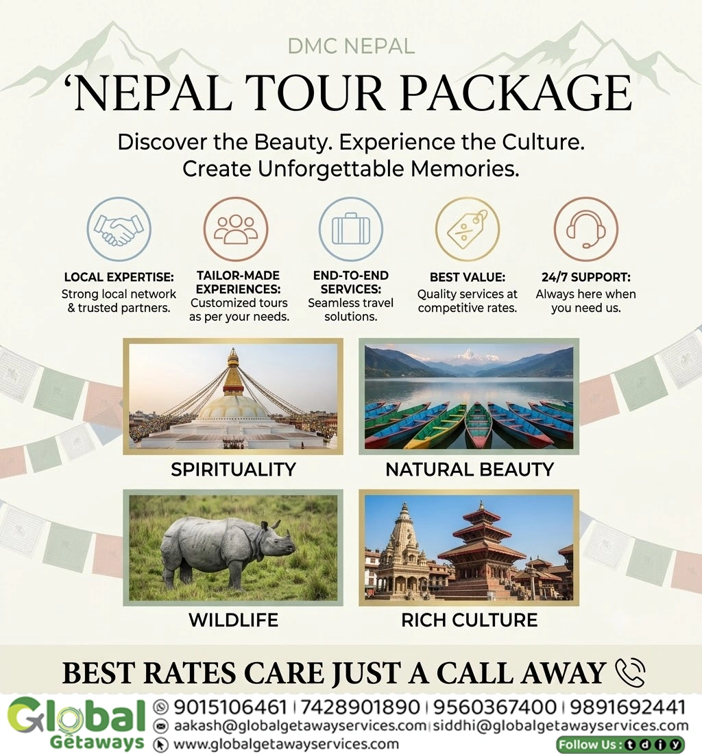 Flyer for DMC Nepal tour packages covering Kathmandu, Pokhara, Chitwan, and Bhaktapur by Global Getaways.