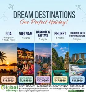 Promotional flyer for Dream Destinations Tour Packages from Delhi by Global Getaways