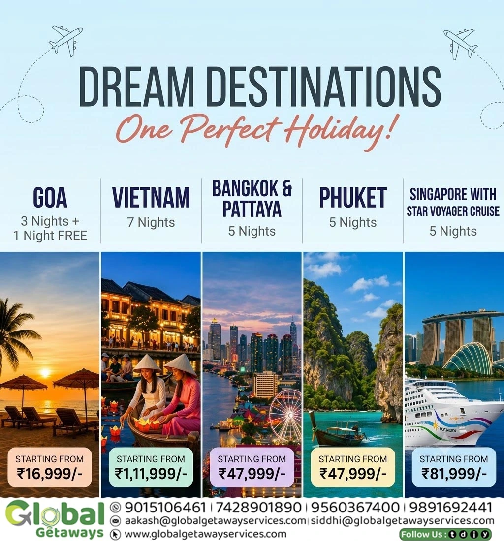 Promotional flyer for Dream Destinations Tour Packages from Delhi by Global Getaways