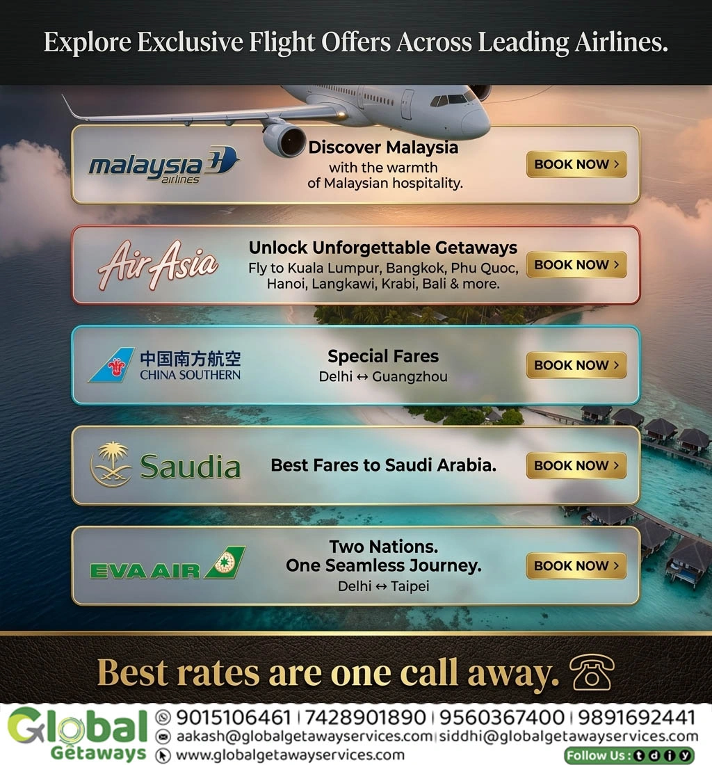 Flyer for exclusive international flight offers across leading airlines like Malaysia Airlines, AirAsia, China Southern, Saudia, and EVA Air by Global Getaways.