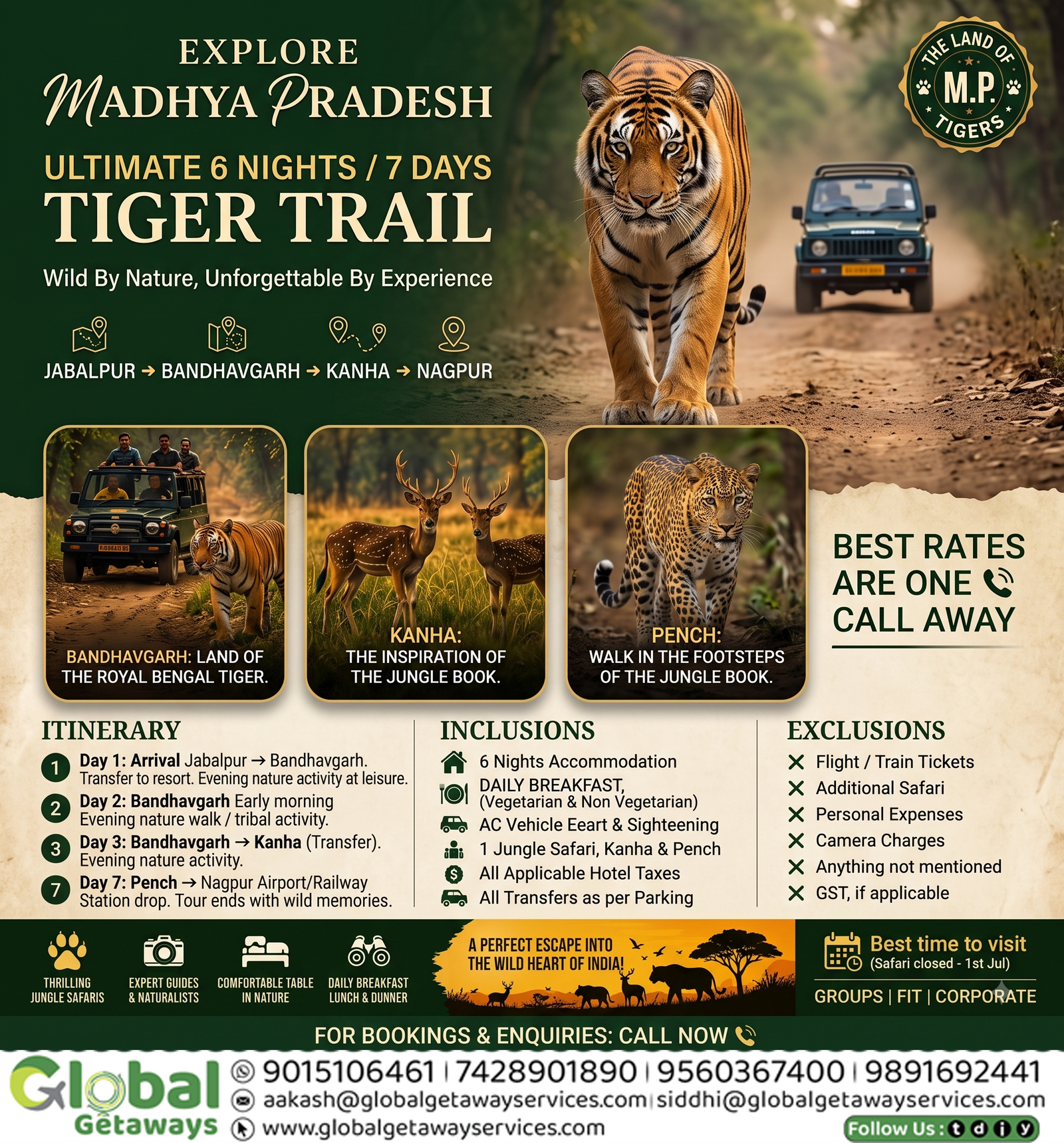 Flyer for 6 Nights & 7 Days Madhya Pradesh Ultimate Tiger Trail tour package covering Bandhavgarh, Kanha, and Pench from Jabalpur to Nagpur by Global Getaways.