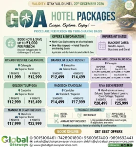 Flyer for Goa Hotel Packages from Delhi 2026 featuring beach resorts in Calangute, Candolim, and Mandrem by Global Getaways