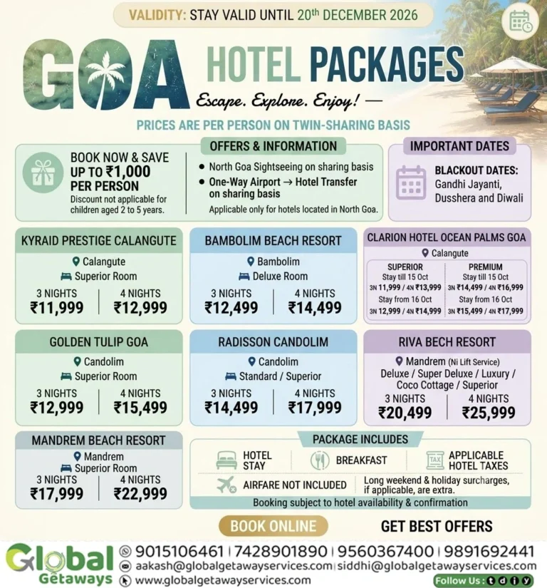 Exclusive Goa Hotel Packages from Delhi 2026 @ ₹11,999 | Lowest Price Guaranteed