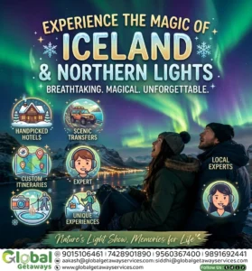 Iceland and Northern Lights tour package flyer by Global Getaways featuring Aurora Borealis view, handpicked hotels, scenic transfers, and local experts.