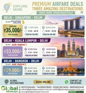 Exclusive International Flight Deals from Delhi September 2026 @ ₹29,000 | Lowest Price Guaranteed 2 Flyer for International Flight Deals from Delhi September 2026 featuring Singapore Airlines and Air India by Global Getaways