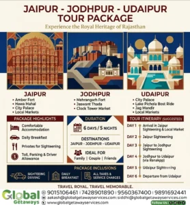 Jaipur Jodhpur Udaipur 6 Days 5 Nights tour package flyer by Global Getaways featuring Hawa Mahal, Mehrangarh Fort, Lake Pichola boat ride, and private transfers.
