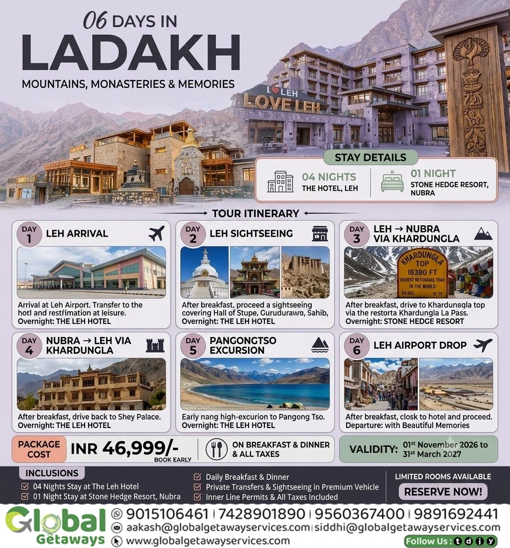 Exclusive Ladakh Tour Package from Delhi 6 Days @ ₹46,999 | Global Getaways 1 Flyer for Ladakh Tour Package from Delhi 6 Days covering Leh, Nubra Valley, and Pangong Tso by Global Getaways