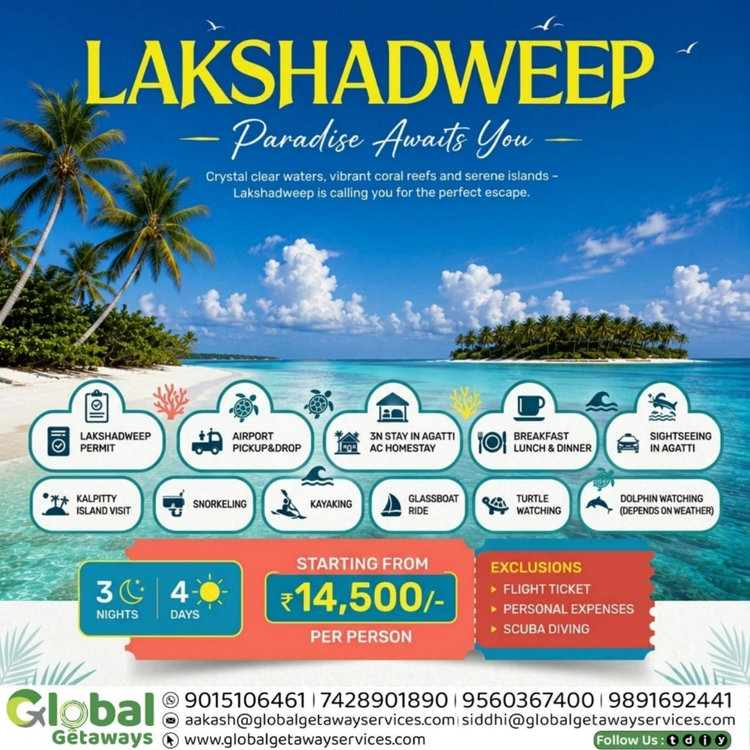 Lakshadweep 3 Nights 4 Days tour package flyer by Global Getaways featuring Agatti AC homestay, permit, meals, kayaking, snorkeling, and Kalpitty island visit starting at ₹14,500.