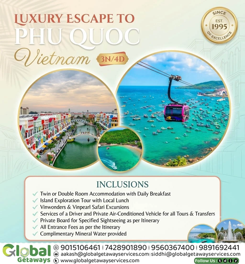 Flyer for 3 Nights and 4 Days Luxury Escape to Phu Quoc Vietnam tour package featuring VinWonders, Vinpearl Safari, and private boat tour by Global Getaways.