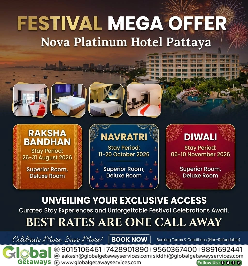 Flyer for luxury resort partnerships by Global Getaways featuring Taj, ITC Hotels, CGH Earth, Kumarakom Lake Resort, and Coorg Wilderness.