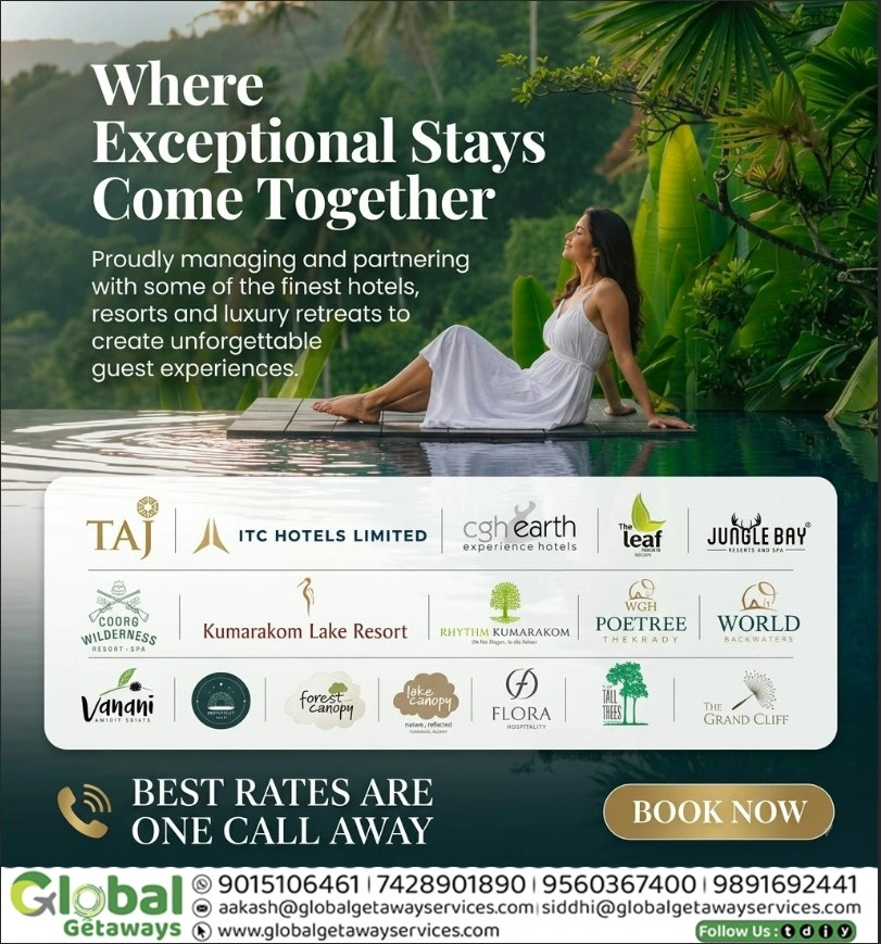 Flyer for luxury resort partnerships by Global Getaways featuring Taj, ITC Hotels, CGH Earth, Kumarakom Lake Resort, and Coorg Wilderness.