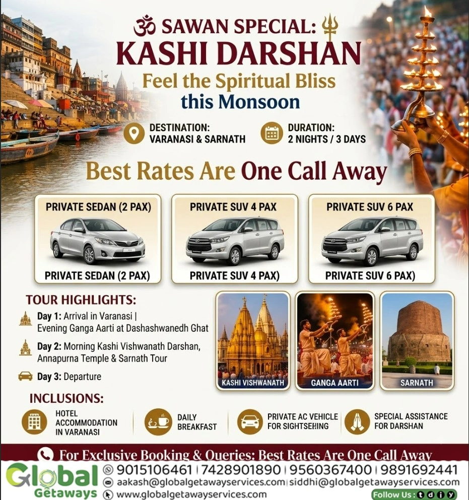Flyer for 2 Nights & 3 Days Sawan Special Kashi Darshan and Sarnath tour package by Global Getaways featuring Kashi Vishwanath, Dashashwamedh Ghat Ganga Aarti, and Private AC Cabs.