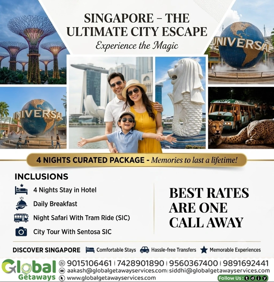 Flyer for 4 Nights Singapore Ultimate City Escape curated tour package by Global Getaways featuring Universal Studios, Gardens by the Bay, Merlion, and Night Safari.