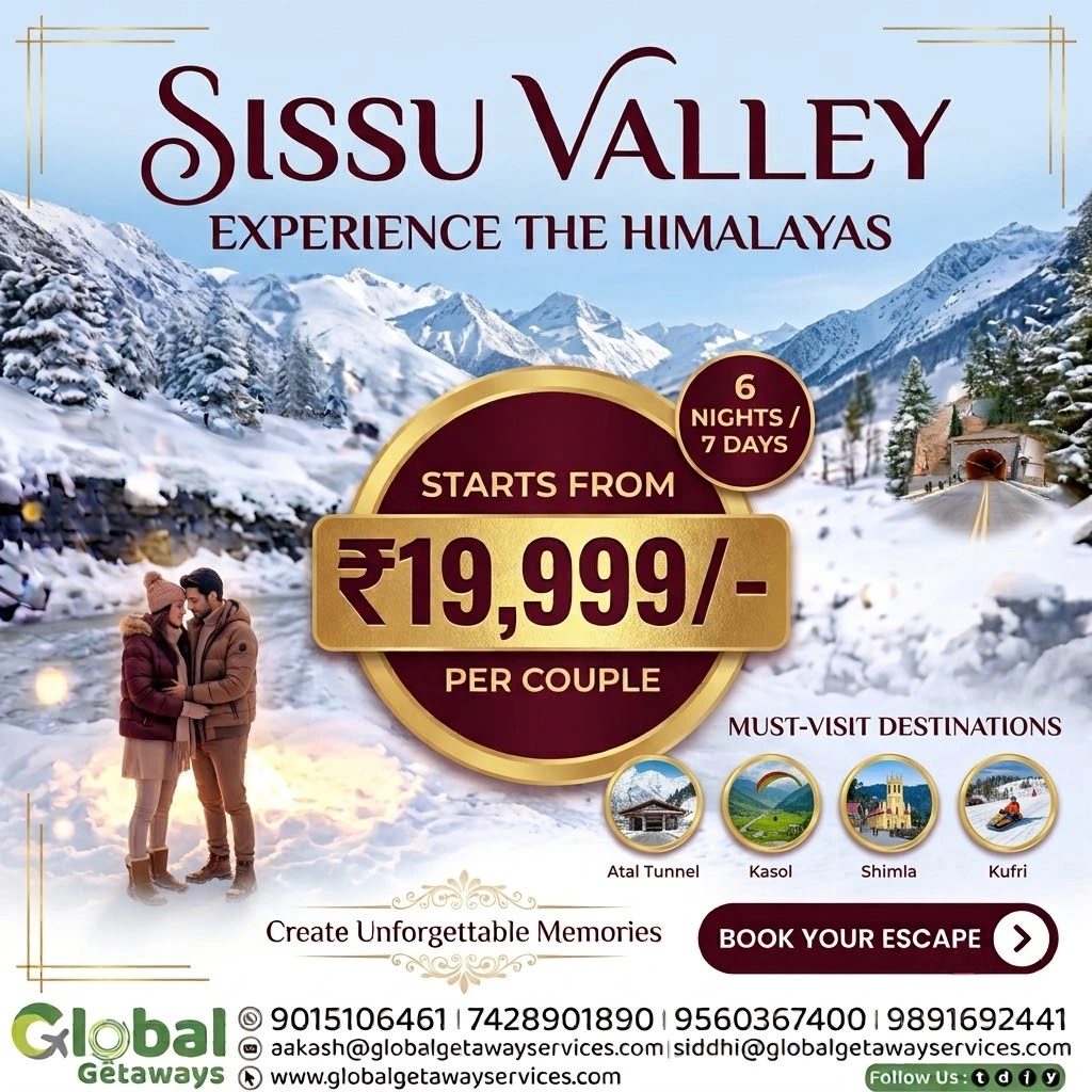 Flyer for 6 Nights and 7 Days Sissu Valley Himachal tour package covering Shimla, Manali, Kasol, and Atal Tunnel starting at 19999 per couple by Global Getaways.