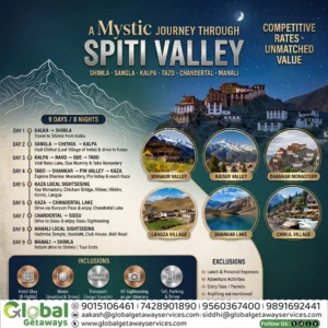 lyer for a 9 Days / 8 Nights Spiti Valley group tour package from Delhi by Global Getaways, featuring Key Monastery, Chandertal Lake, and detailed itinerary.