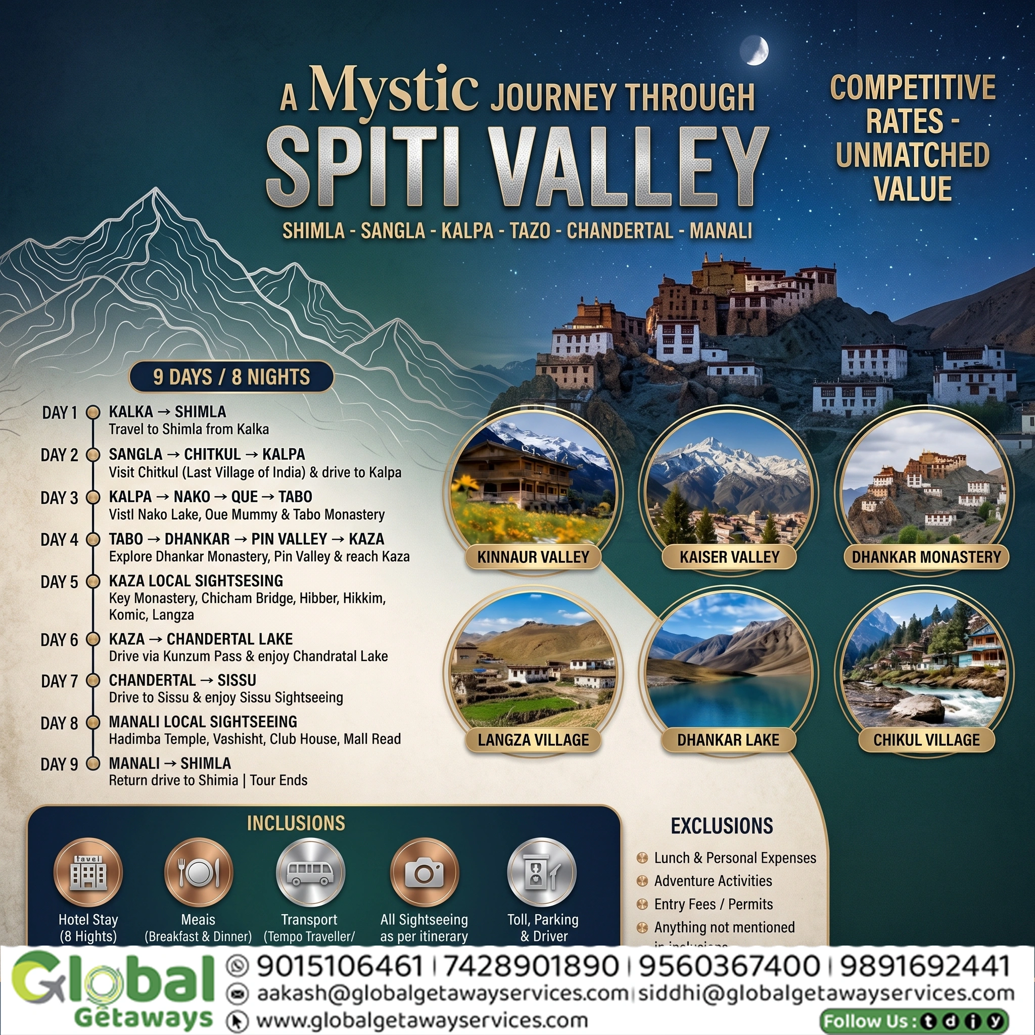 lyer for a 9 Days / 8 Nights Spiti Valley group tour package from Delhi by Global Getaways, featuring Key Monastery, Chandertal Lake, and detailed itinerary.