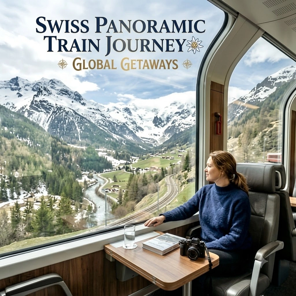 Woman enjoying coffee in a luxury Swiss panoramic train coach with floor-to-ceiling windows looking out at snow-capped Alpine mountains and river valley.