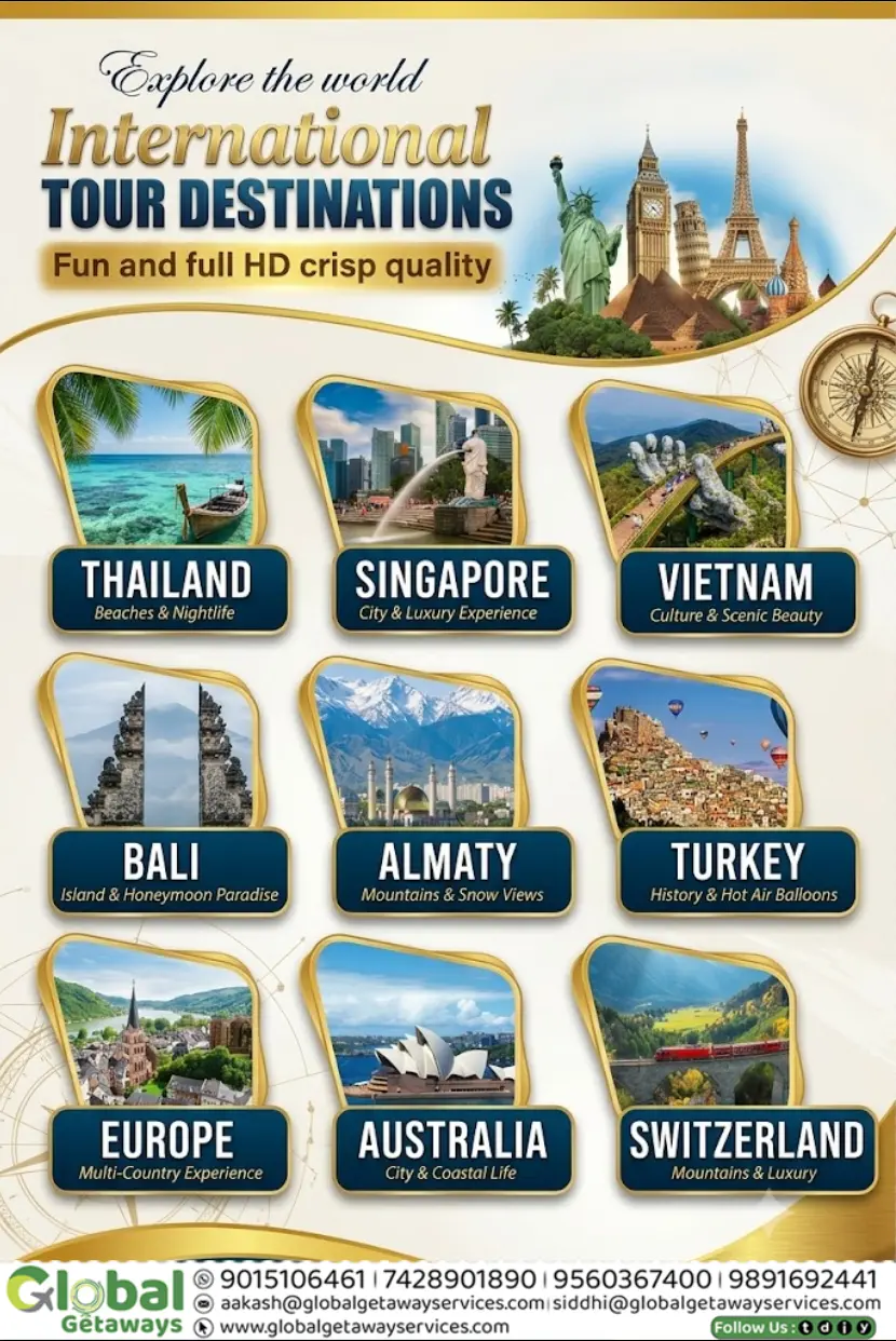 Exclusive Top International Tour Packages from Delhi 2026 | Global Getaways 1 Flyer for Top International Tour Packages from Delhi featuring Thailand Bali Vietnam Europe and Switzerland by Global Getaways