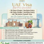 Flyer for UAE Visa for Indians from Delhi covering 30 days, 60 days, and transit visas by Global Getaways