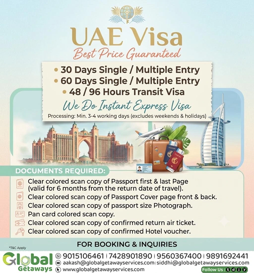 Flyer for UAE Visa for Indians from Delhi covering 30 days, 60 days, and transit visas by Global Getaways