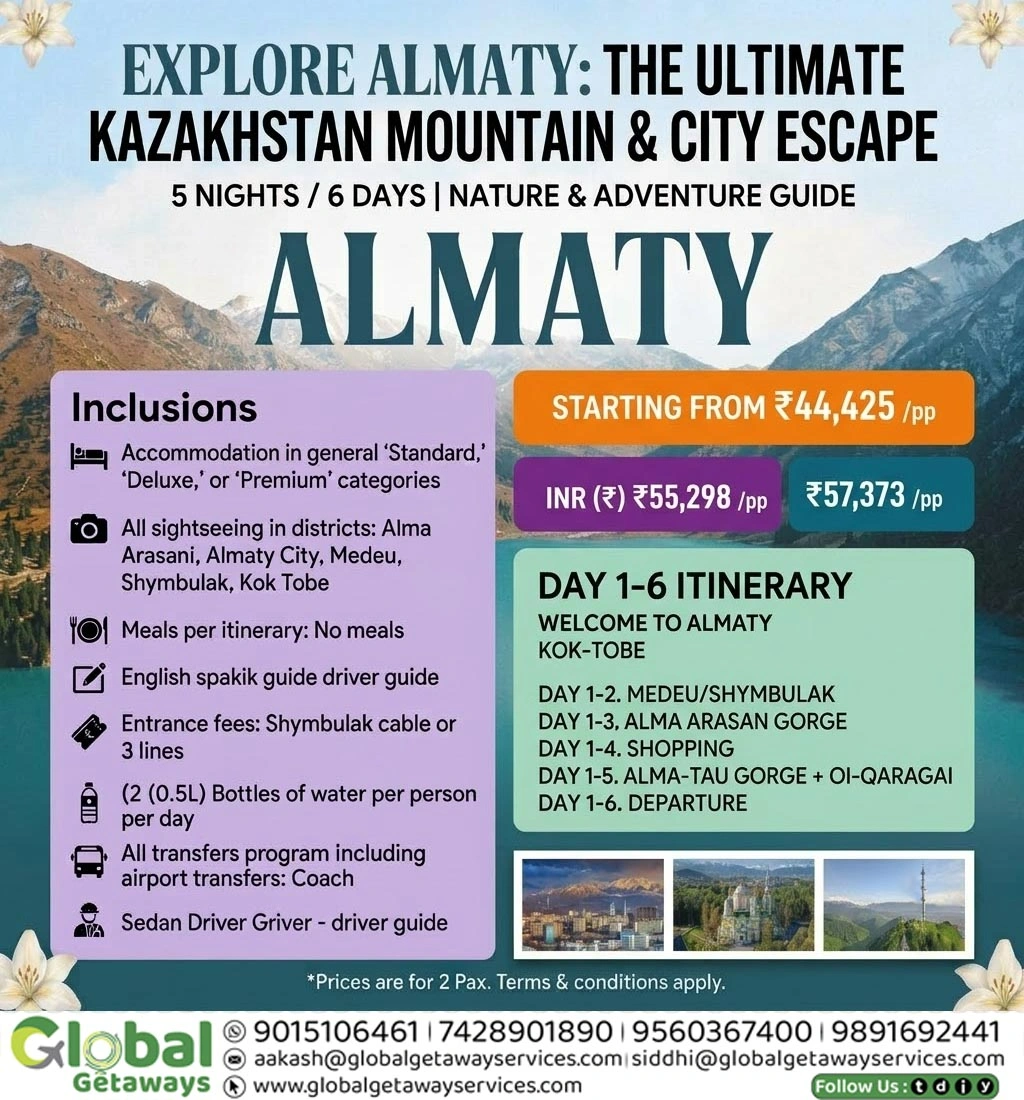 Almaty Tour Package from Delhi: Best 6D/5N Mountain Escape 1 - Kazakhstan tour package from Delhi 6 days - Almaty 5 nights 6 days itinerary cost - Best travel agency in East Delhi for Almaty tour - Delhi to Almaty holiday package with flight - Shymbulak and Medeu tour package ex Delhi - Almaty Kazakhstan visa free package for Indians