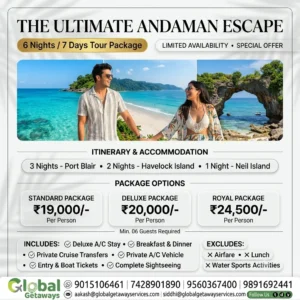 Andaman tour package from Delhi with Havelock featuring smiling couple on white sand beach with natural rock bridge and turquoise sea
