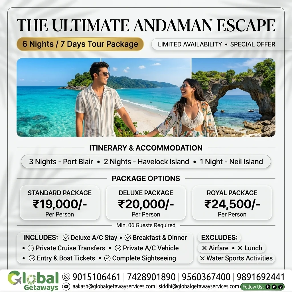 Andaman tour package from Delhi with Havelock featuring smiling couple on white sand beach with natural rock bridge and turquoise sea