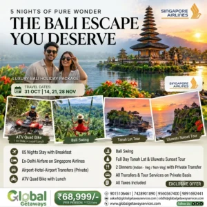 Bali Holiday Package from Delhi with Singapore Airlines: 5N 2 Bali holiday package from Delhi with Singapore Airlines featuring couple against Ulun Danu lake temple, ATV quad bike, and Ubud swing