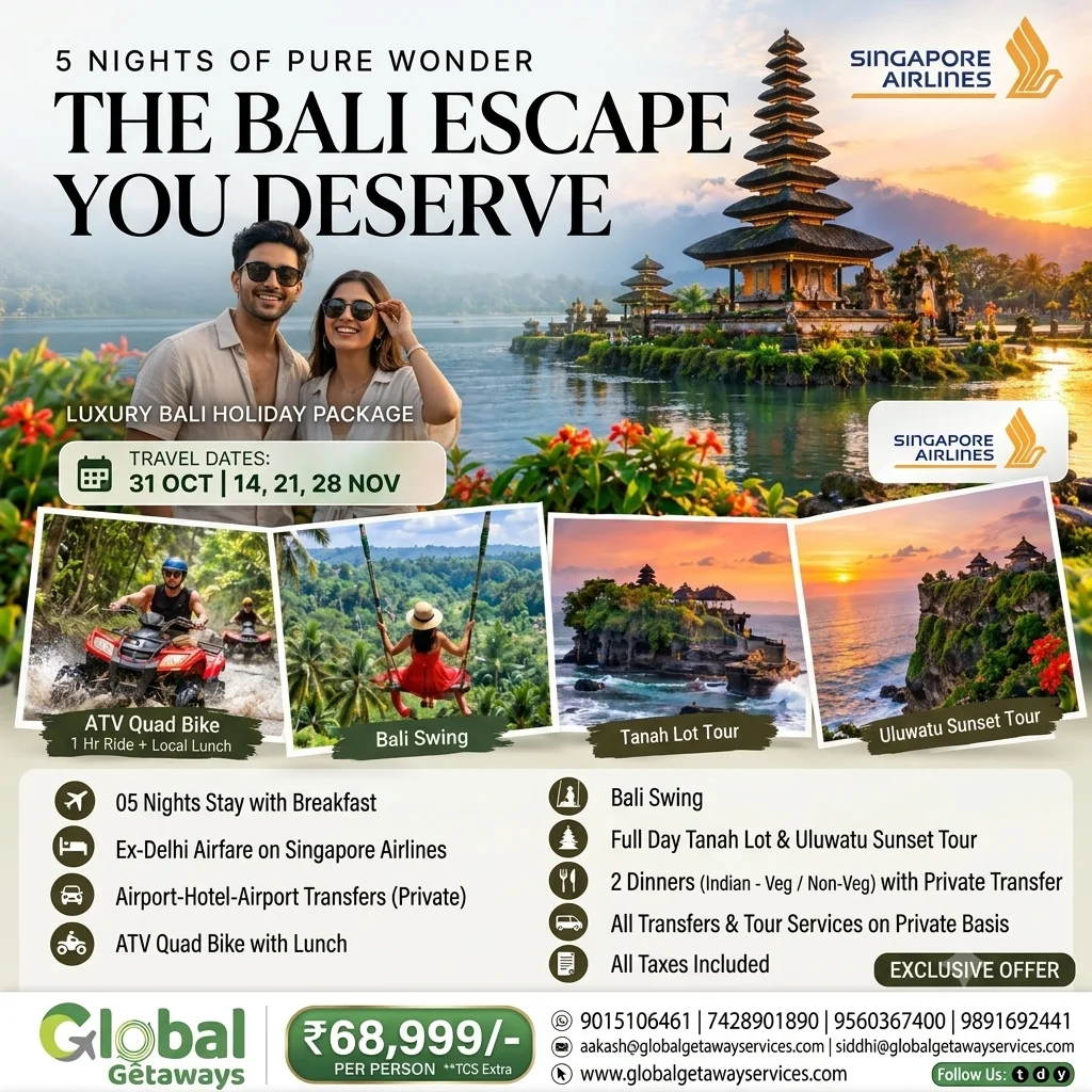 Bali Holiday Package from Delhi with Singapore Airlines: 5N 1 Bali holiday package from Delhi with Singapore Airlines featuring couple against Ulun Danu lake temple, ATV quad bike, and Ubud swing