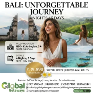 Bali Tour Package from Delhi for Couple: Best 5D Escape 2 Bali tour package from Delhi for couple featuring 4N/5D itinerary at NEO+ Kuta Legian starting at 39890 per couple - Title Text: Bali Unforgettable Journey Tour Package
