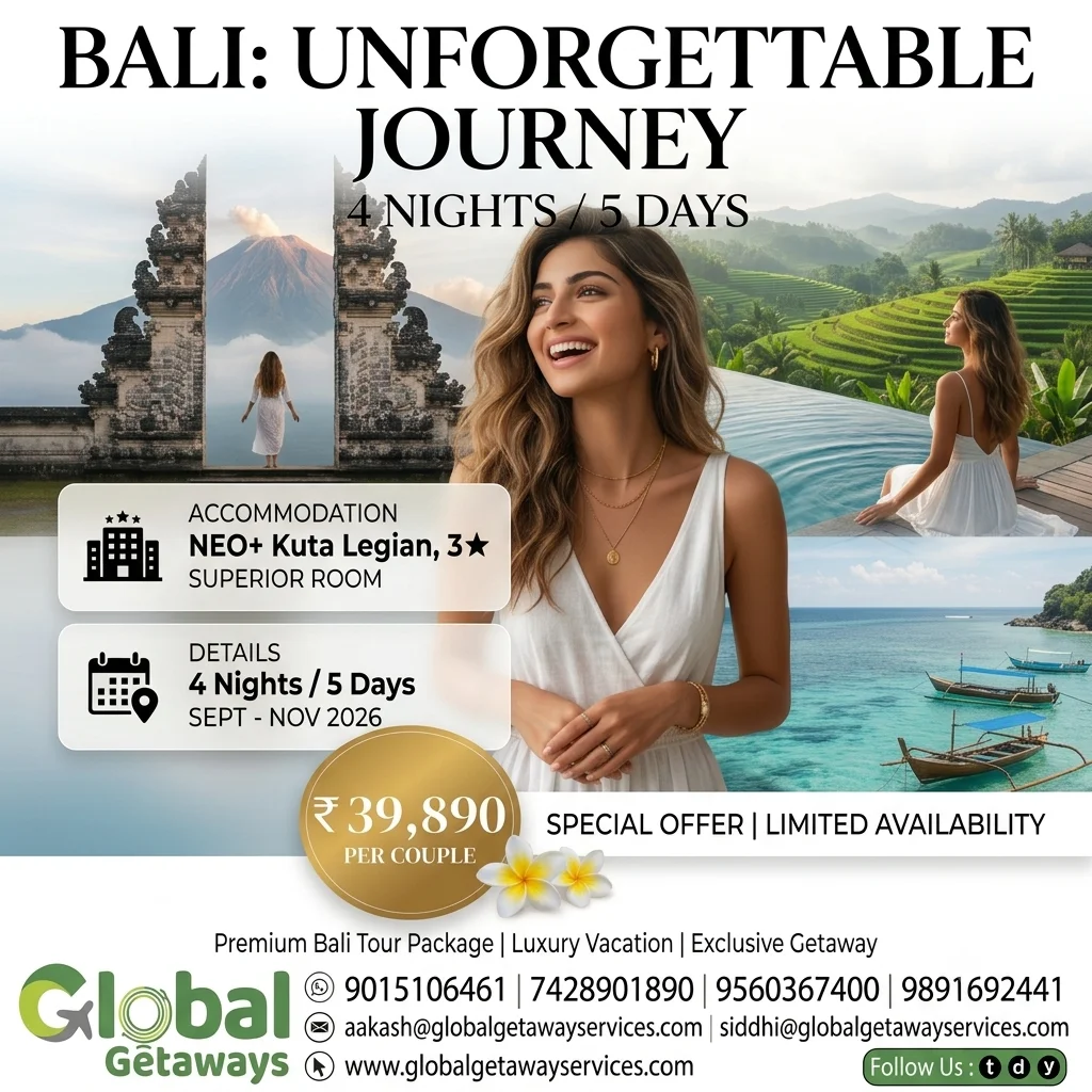 Bali Tour Package from Delhi for Couple: Best 5D Escape 1 Bali tour package from Delhi for couple featuring 4N/5D itinerary at NEO+ Kuta Legian starting at 39890 per couple - Title Text: Bali Unforgettable Journey Tour Package
