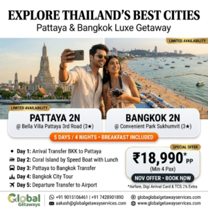 Bangkok Pattaya Tour Package from Delhi: 5D Deal โน18,990 2 Towering porcelain and ceramic mosaic spires of Wat Arun Temple of Dawn rising beside the Chao Phraya River in Bangkok