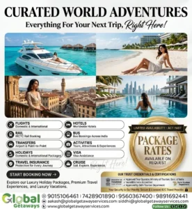 Curated World Adventures promotional flyer by Global Getaways showcasing luxury yacht, European city, tropical resort, and complete travel services