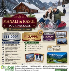 Cheap and best Manali Kasol tour package from Delhi featuring couple snow tubing in front of wooden cottage and mountains