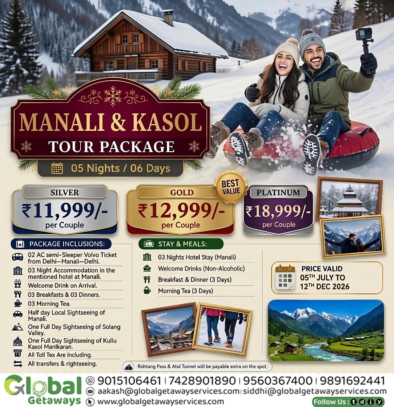 Cheap and best Manali Kasol tour package from Delhi featuring couple snow tubing in front of wooden cottage and mountains