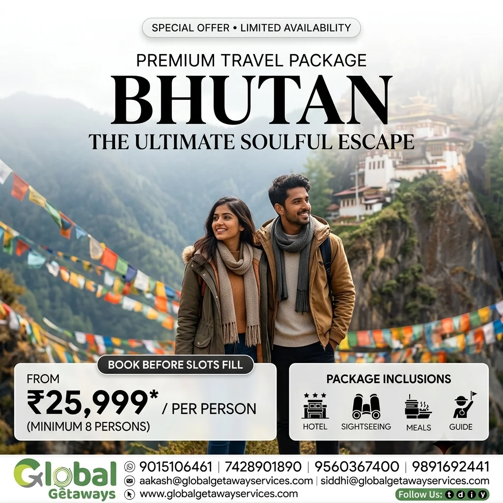 Cheap and best Bhutan tour package from Delhi featuring young couple standing amidst colorful prayer flags in front of Tiger's Nest monastery