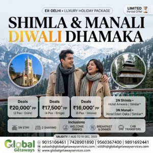 Cheap and best Shimla Manali tour package from Delhi featuring young couple against snowy mountains with Christ Church and Hadimba Temple