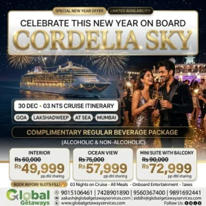 Cordelia Cruise New Year package from Delhi featuring couple toasting cocktails on cruise deck overlooking Cordelia Sky ship with fireworks