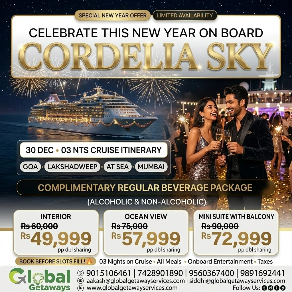 Cordelia Cruise New Year package from Delhi featuring couple toasting cocktails on cruise deck overlooking Cordelia Sky ship with fireworks