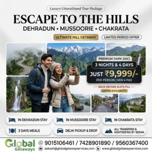 Dehradun Mussoorie Chakrata tour package from Delhi featuring smiling couple photographing snow peaks with Tiger Falls and mountain highway