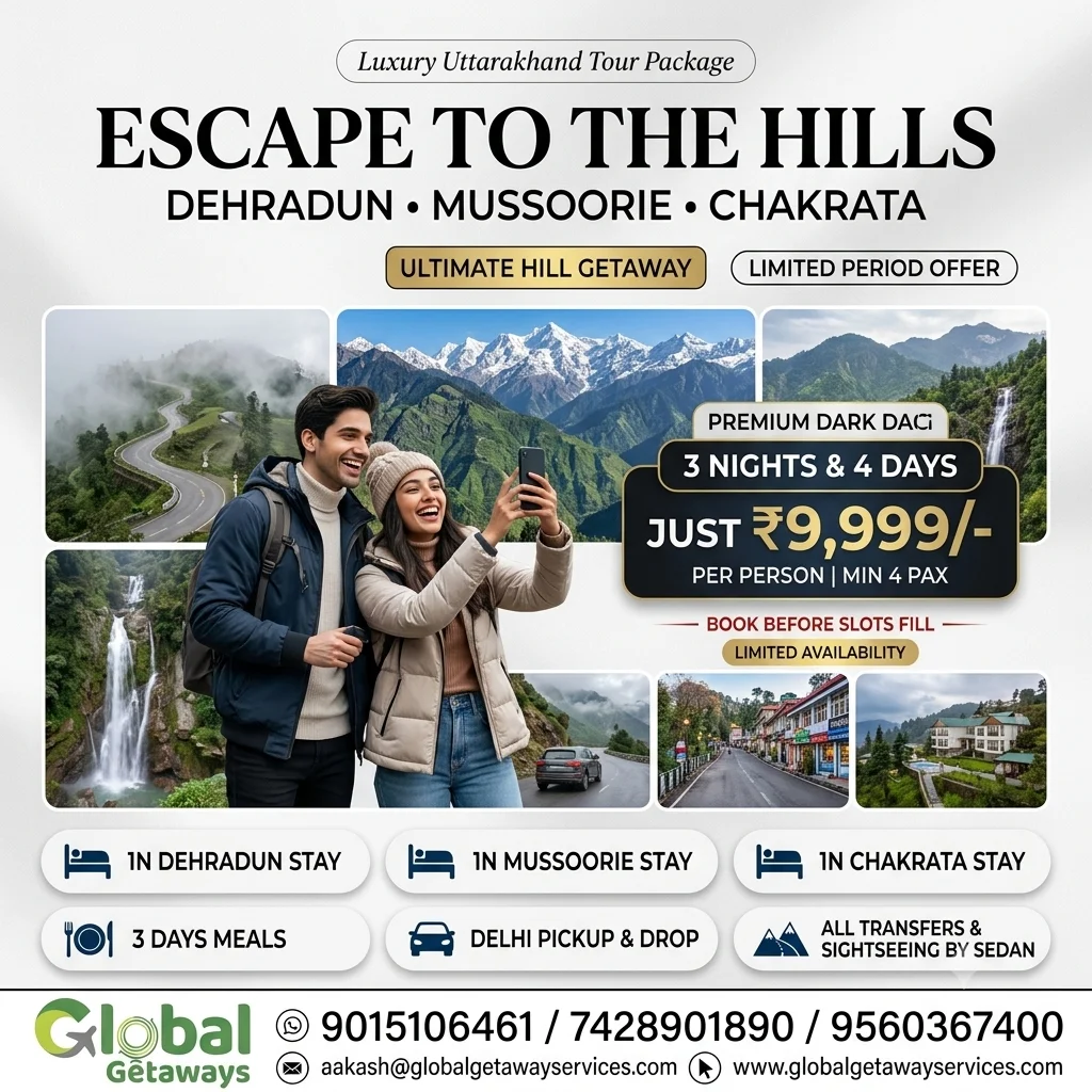 Dehradun Mussoorie Chakrata tour package from Delhi featuring smiling couple photographing snow peaks with Tiger Falls and mountain highway