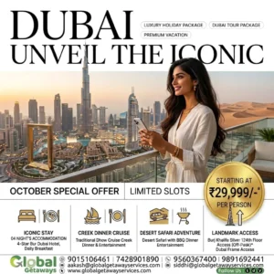 Dubai tour package from Delhi featuring young woman on balcony overlooking Burj Khalifa skyline and Arabian desert dunes