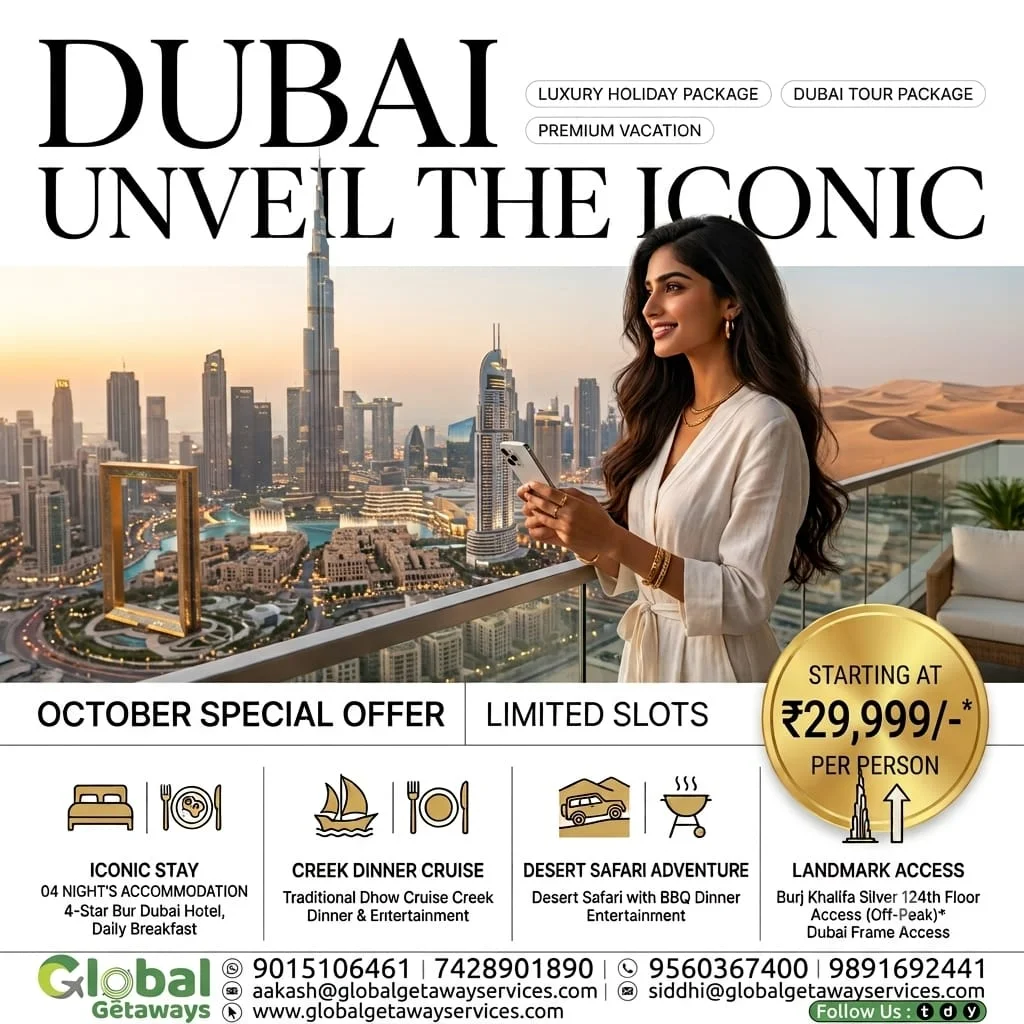 Dubai tour package from Delhi featuring young woman on balcony overlooking Burj Khalifa skyline and Arabian desert dunes