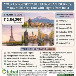 Europe tour package from Delhi with flights featuring illuminated Eiffel Tower and snow-capped Swiss Alps