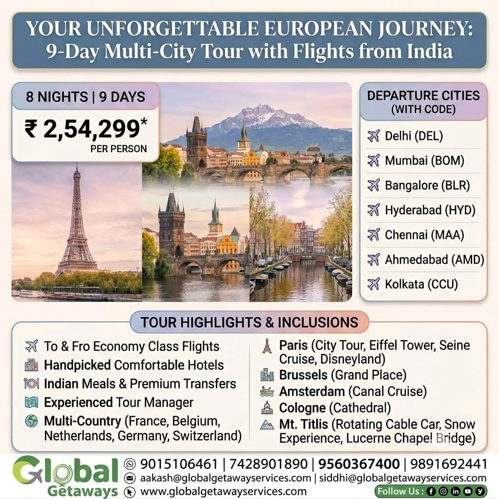 Europe tour package from Delhi with flights featuring illuminated Eiffel Tower and snow-capped Swiss Alps